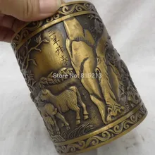 Bi00955 Китайский Бронзовый 3 овец Lunar статуя Буддизм Tree Hill Щётка горшок Pen контейнер