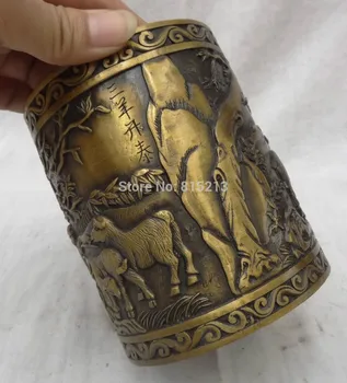 

bi00955 Chinese Bronze 3 Sheep Lunar Statue Buddhism Tree Hill Brush Pot Pen Container