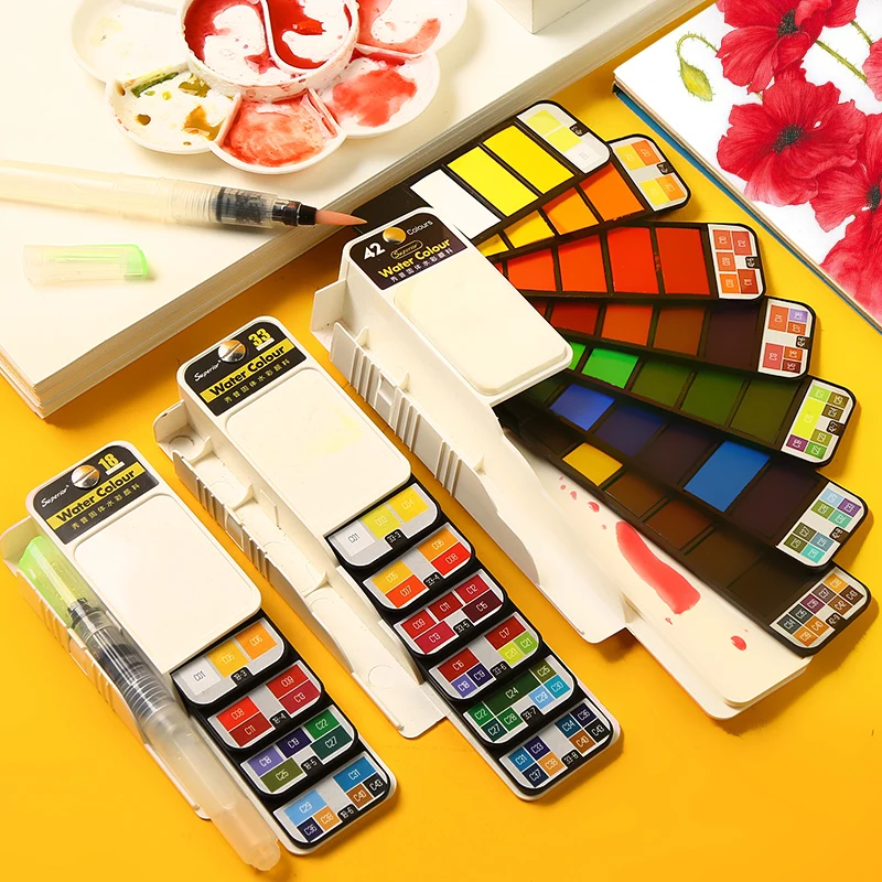 

Superior 18/25/33/42Colors Solid Water Color Paint Set With Paint Brushes Portable Watercolor Pigment For Artist Art Supplies
