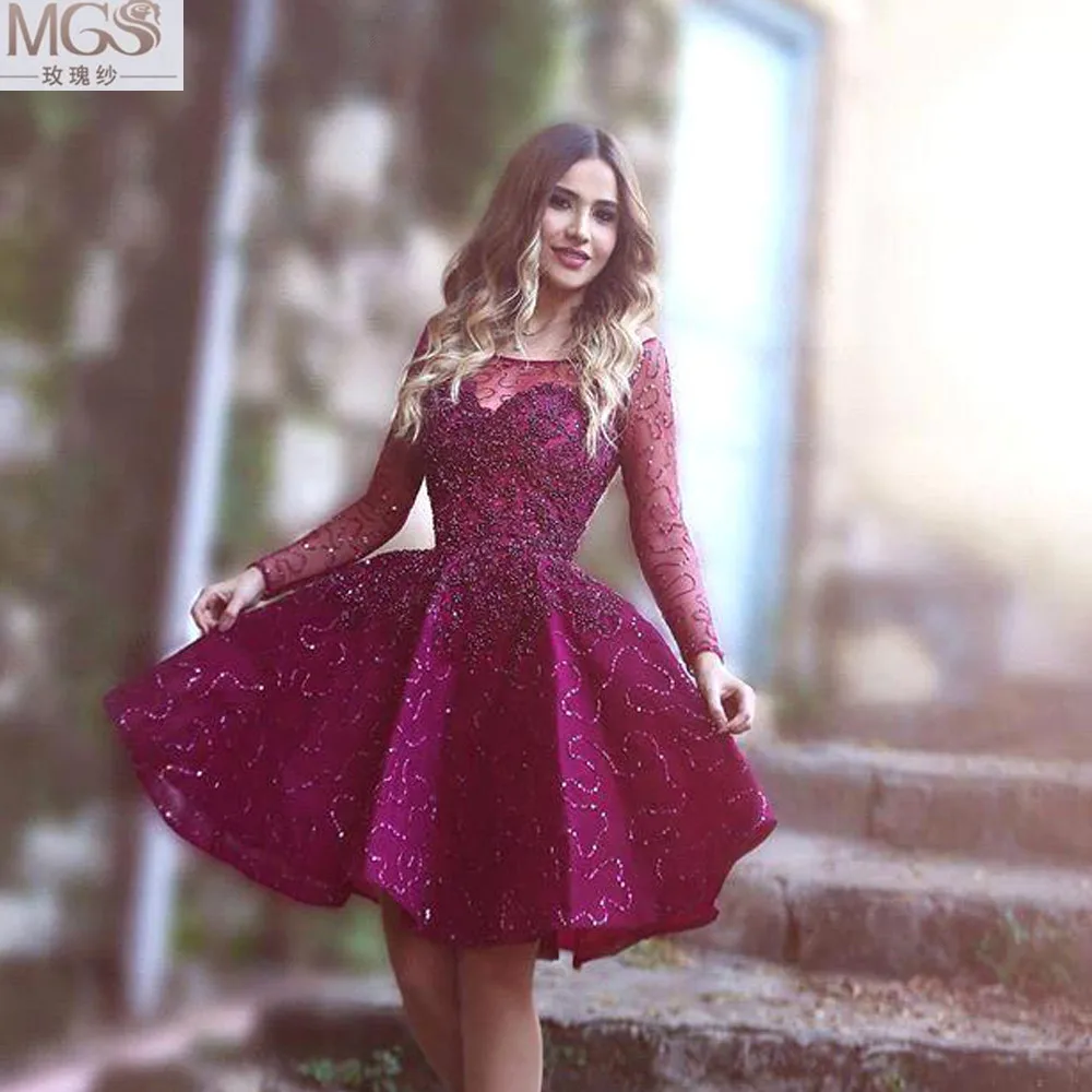 purple cocktail dress with sleeves