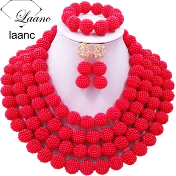 

Laanc Nigerian Wedding African Beads Jewelry Set Red Simulated Pearl Beaded Necklace 4RDSZ003