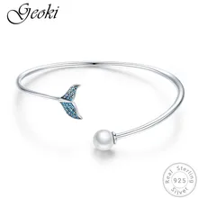 Geoki 925 Sterling Silver Green CZ Mermaid Tail Bracelet S925 Pearl Open Bangle for Women Trendy Chain Real Silver Jewelry Geoki 925 Sterling Silver Green CZ Mermaid Tail Bracelet S925 Pearl Open Bangle for Women Trendy Chain Real Silver Jewelry