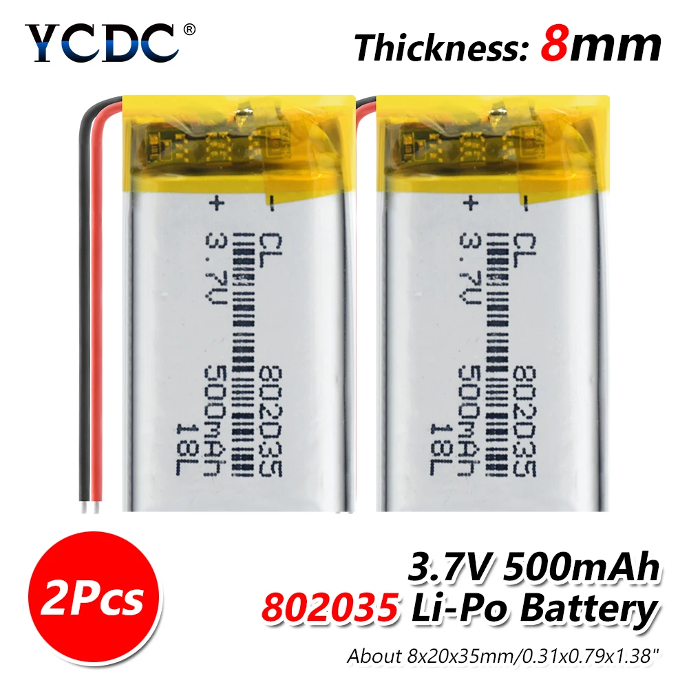 500mAh полимерный аккумулятор 3,7 V 802035 литий-ионный для MP3 MP4 MP5 gps KTV Бытовой усилитель аккумулятора аудио компьютерный микрофон - Цвет: 2 PCS