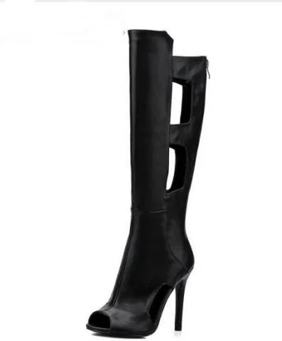 

New Design European and American Knee length Leather Summer Boots Peep Toe Hollow OUT Sexy Sandals