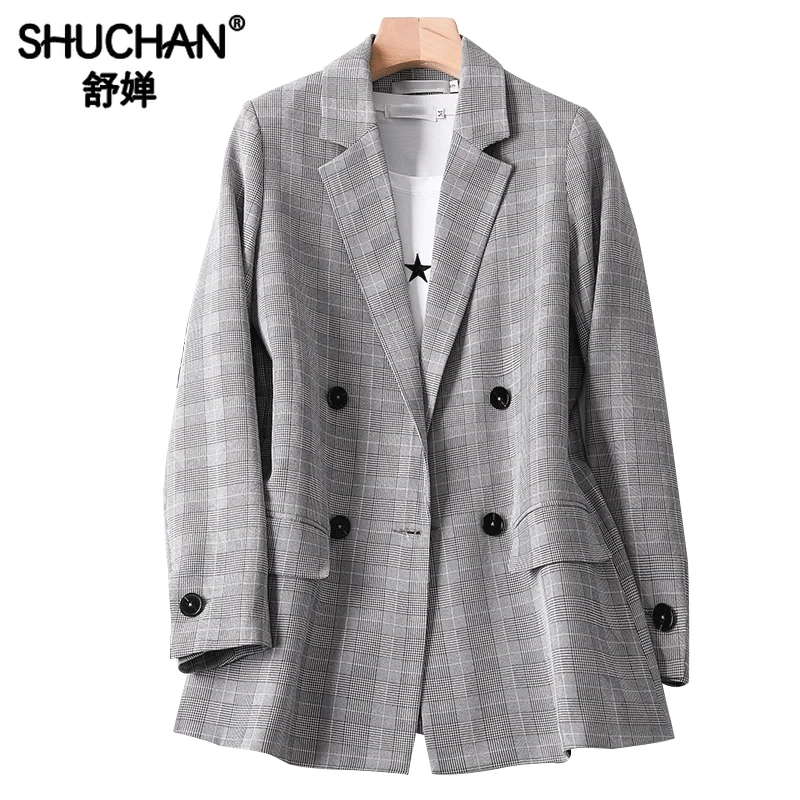 Shuchan Women's Jacket Plaid Double Breasted Blazer Feminino Double Breasted Notched England Style Jacket Women Autumn VS19B255