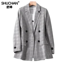 Shuchan Women's Jacket Plaid Double Breasted Blazer Feminino Double Breasted Notched England Style Jacket Women Autumn VS19B255 Shuchan Women's Jacket Plaid Double Breasted Blazer Feminino Double Breasted Notched England Style Jacket Women Autumn VS19B255