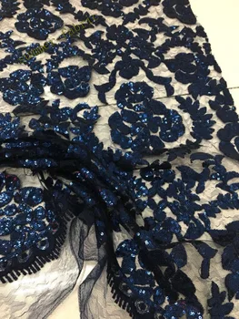 

Dark blue Nigerian Lace Fabric with High Quality African Tulle Lace Fabric with flower pattern