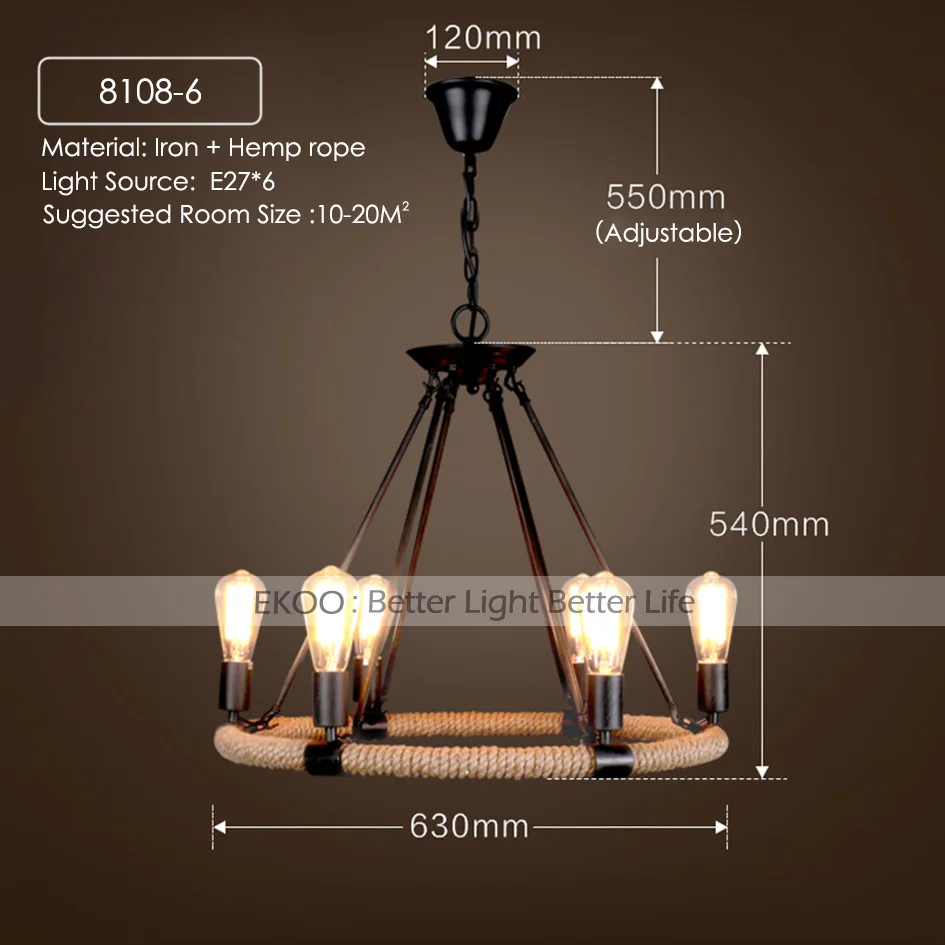 EKOO старинный фермерский дом веревка E26/27 люстра лампа для кафе баров светильник Лофт домашний Ресторан Бар гостиная - Цвет абажура: 6-Light