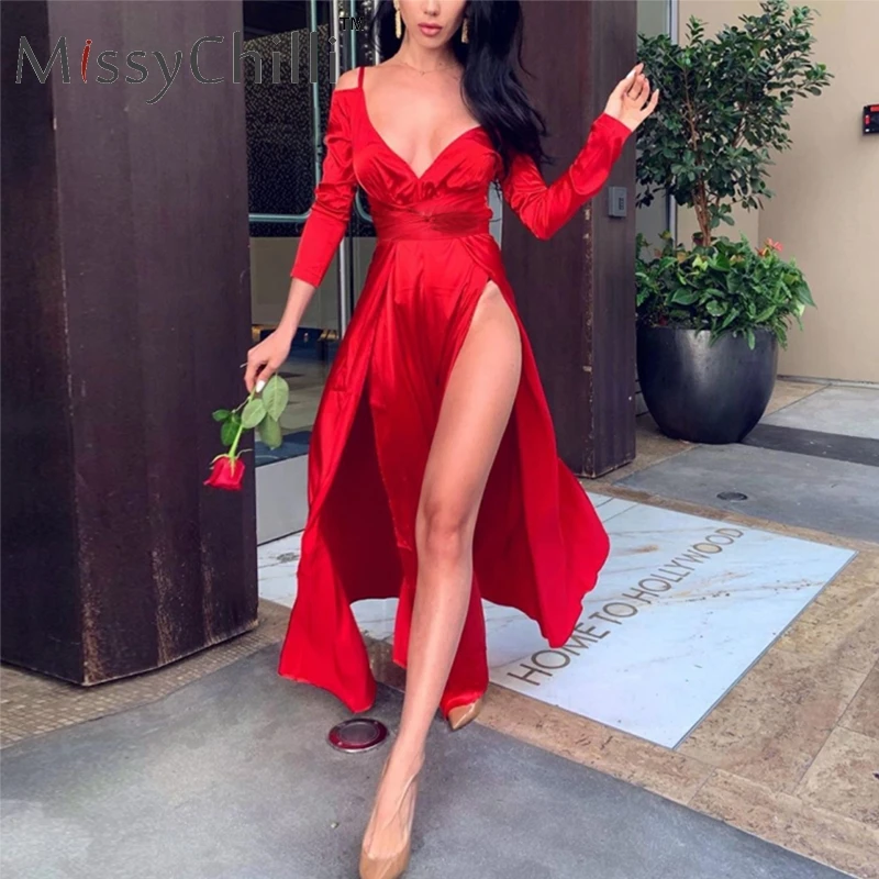 Женское платье с длинным рукавом MissyChilli красное сатиновое глубоким вырезом и