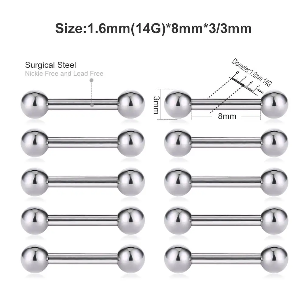 10 шт./лот, пирсинг для ушей, Стальные Шпильки для ушей, хрящевое кольцо для Козелка, спираль, пирсинг штанги для мужчин и женщин, ювелирные изделия для тела ES031 - Окраска металла: 10pcs 14GX8X3mm