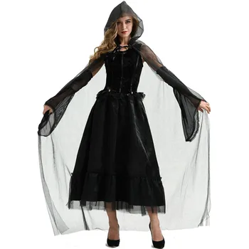 

Mittelalterlichen Sexy Gothic Hexe Mit Kapuze Kleid Frauen Halloween-kostüme Vampire Hexe Partei Maskerade Langes Kleid