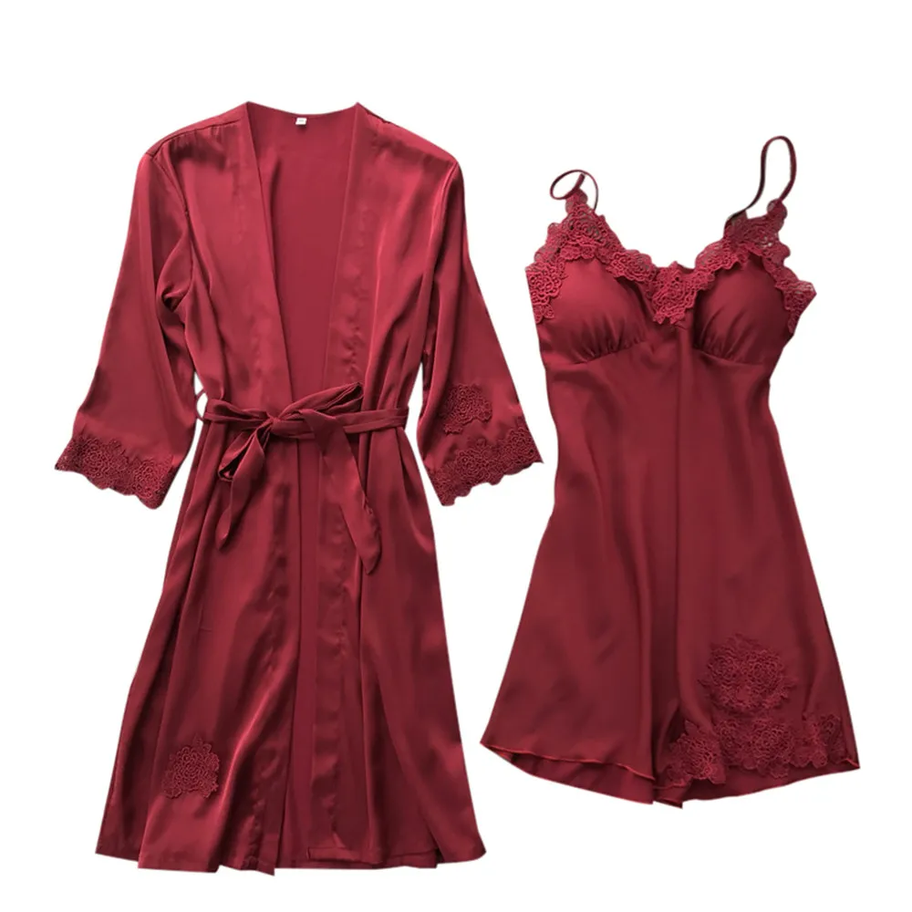 Jaycosin пижама набор сплошной цвет сексуальный без рукавов Слинг сексуальная пижама кружева сексуальная ночная рубашка кимоно кардиган халаты из двух частей - Цвет: Wine