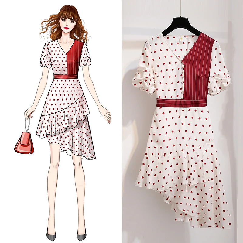 

Chiffon Fishtail Dress Summer Vintage Asymmetrical Dot Print Ruffles Knee-Length Puff Sleeve Women V-Neck Striped Party Dress