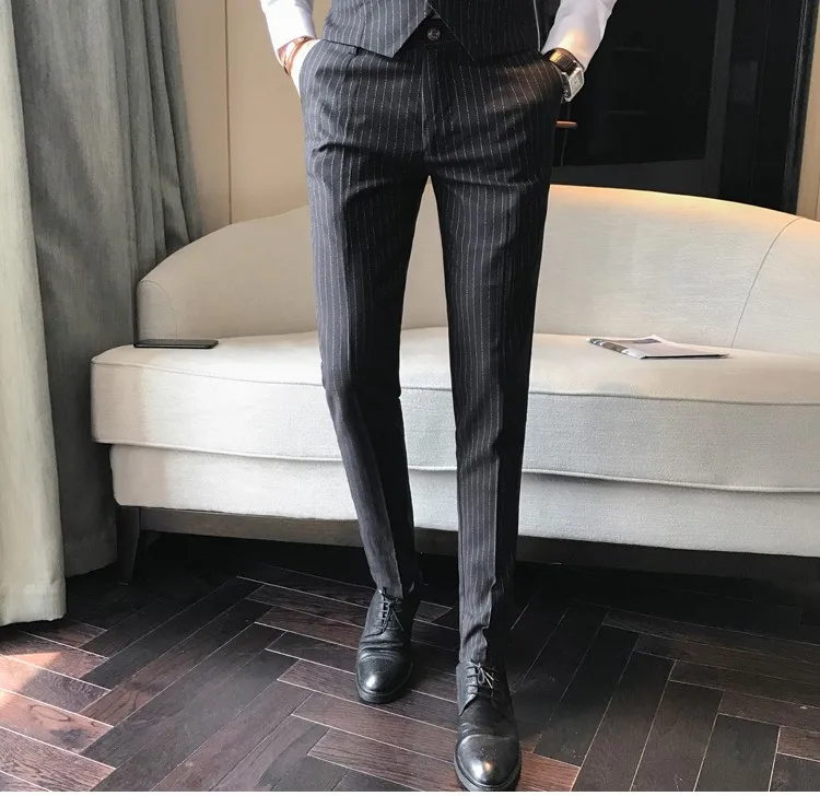 Формальные Брюки для Для мужчин Stripe Slim Fit костюм Бизнес свадебные Брюки Модный прямой Повседневное высокое качество Для мужчин s Брюки A5570