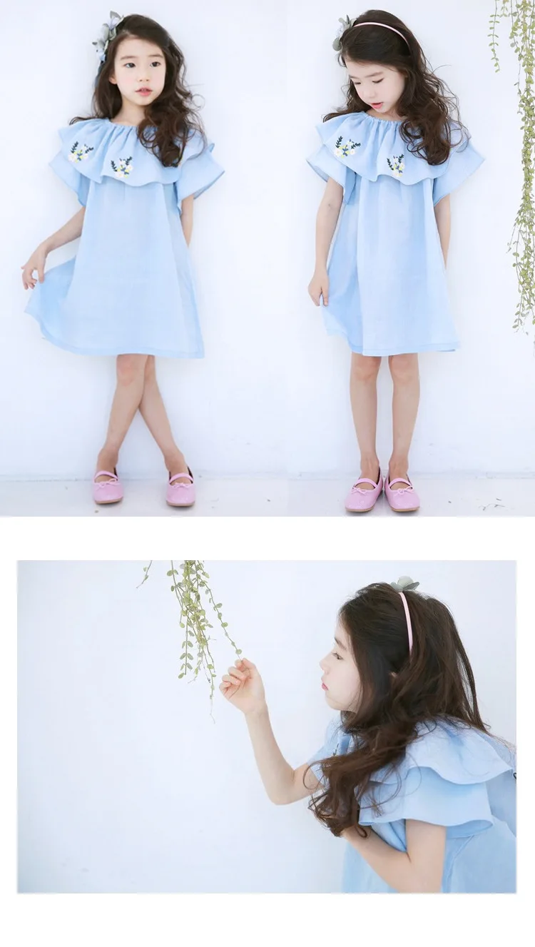 cotton embroidered floral pattern baby teenage girl summer dress 2017 ruffles pink blue flowers embroidery children dresses for kids girls  clothing  2 3 4 5 6 7 8 9 10 11 12 13 14 15 years litle big girls children girl dress child clothes ( (13)