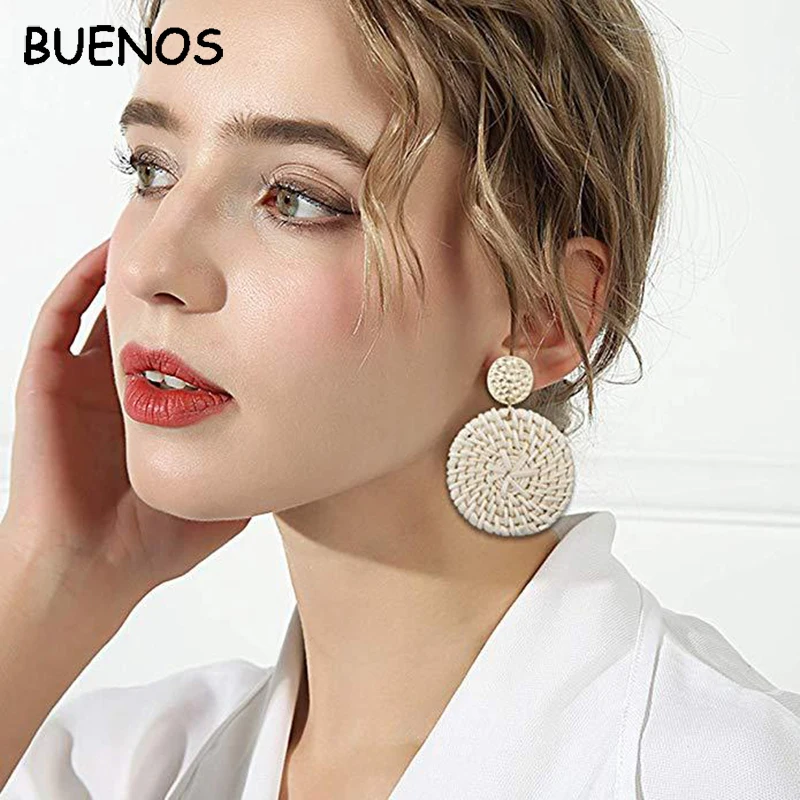 BUENOS Bohemian Style Handmade Wooden Straw Weave Rattan Vine Braid Drop Earrings New Fashion Round Geometric Long | Украшения и