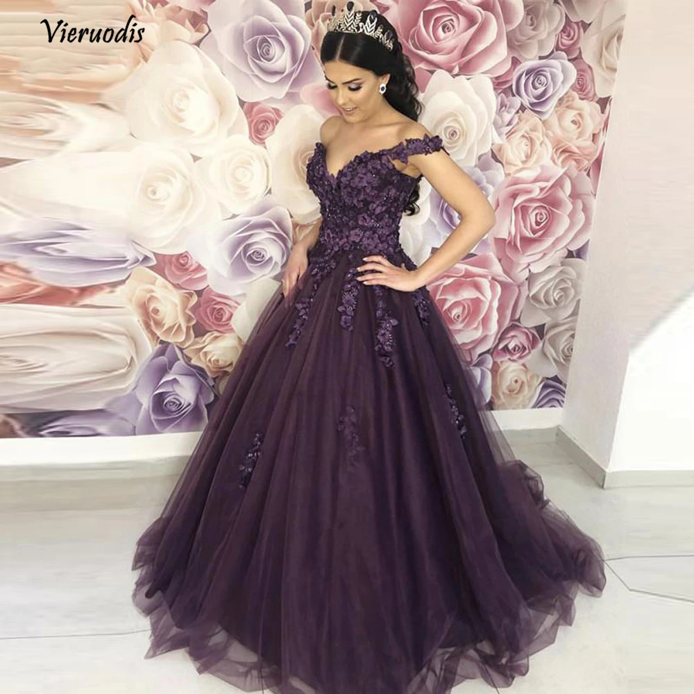 

Pretty Dark Purple 3D Flower Evening Dresses Beaded Tutu Prom Gowns Off The Shoulder Elegant Party Dresses 2019 1