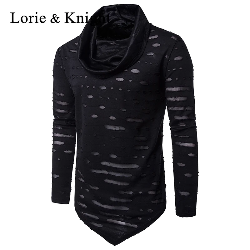 

Men's Black/White Hipster Hiphop Holes Design Turtleneck Long Sleeve T-Shirt
