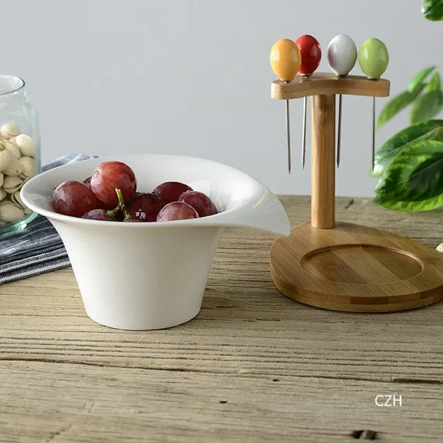 suporte de bambu decorativo porcelana frutas e