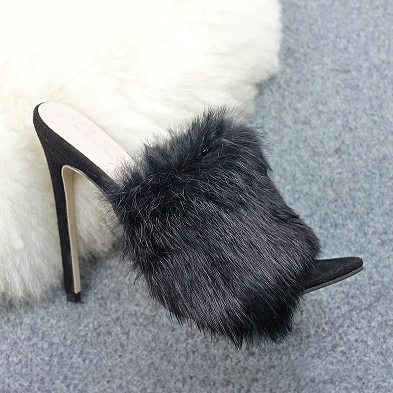 Clothing - Candy Color Luxury Rabbit Fur High Heel Sandals Slippers Women Shoes