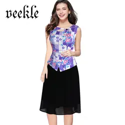 Veekle Цветочный принт черный шифон лоскутное линии деловая модельная одежда для женщин; Большие размеры S-5XL летние платья без рукавов работы