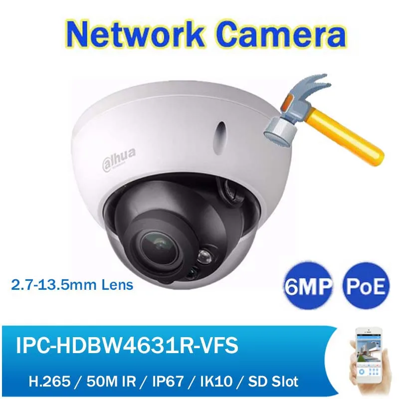 

DH IPC-HDBW4631R-VFAS 6MP CCTV Camera IP POE 2.7-13.5mm Varifocal Zoom 50M IR Security Network Camera with SD Slot Audio