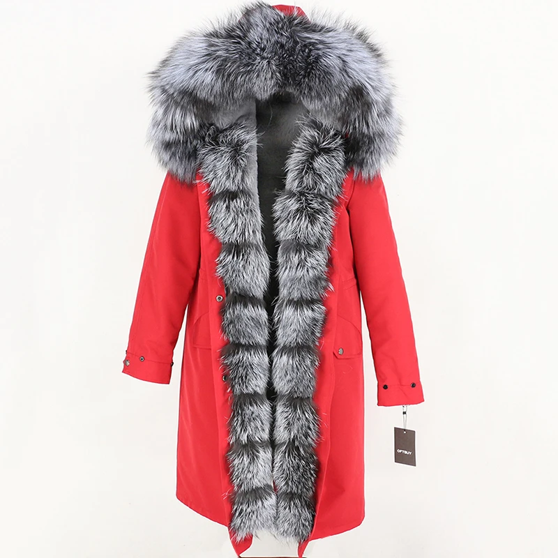 OFTBUY, водонепроницаемое пальто с натуральным мехом, удлиненная парка, зимняя куртка для женщин, Воротник из натурального Лисьего меха, капюшон, Толстая теплая верхняя одежда, съемная, Новинка - Цвет: red silver