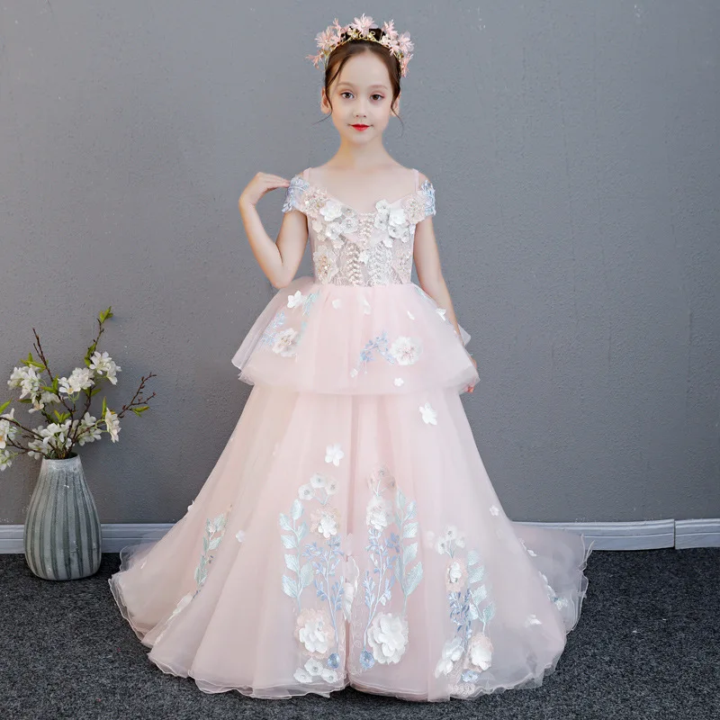 Luxury Holy Communion Dress Off the Shoulder Pearl Flower Girl Dresses Wedding Lace Up Long Trailing Princess Dress for Birthday