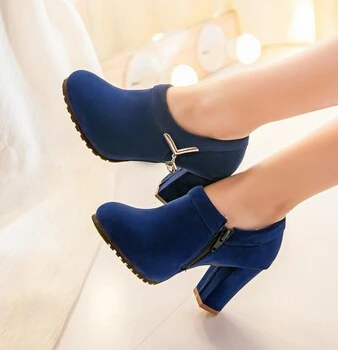 Г., Новая Осенняя обувь на высоком каблуке в стиле ретро, женская обувь с круглым носком на толстой подошве Красивая однотонная обувь - Цвет: Синий