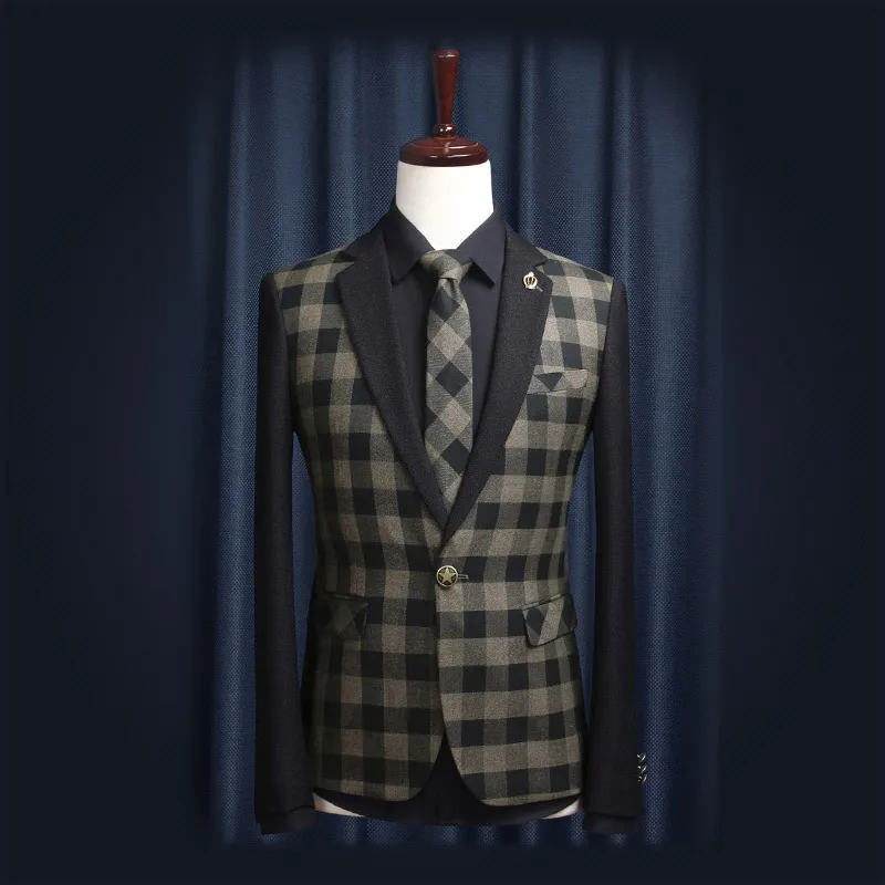

Free Shipping 2014 Autumn New Arrival American Style Simple Fashion Plaid Printed Slim Men Suit Man Business Formal Blazer