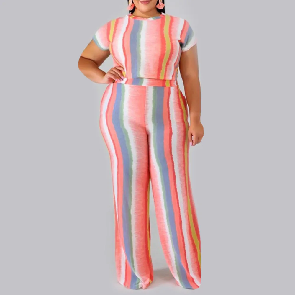

Rainbow Striped Sexy 2 Piece Set Women Clothes 2019 O Neck Short Sleeve T Shirt+Wide Leg Pants Casual Plus Size Tracksuit Outfit
