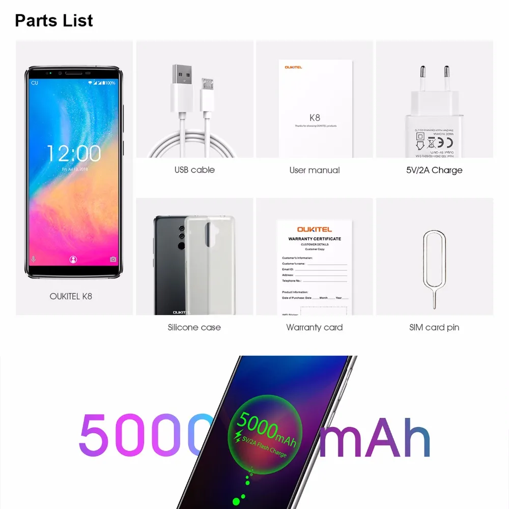 OUKITEL K8 Android 8 0 6 &quotFHD + 18:9 MTK6750T Восьмиядерный 4 Гб ОЗУ 64 ПЗУ 5000 мАч 13 МП 5 отпечаток
