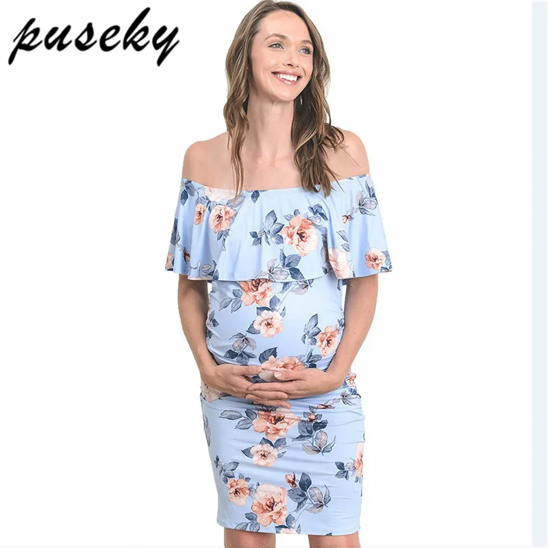 

Puseky Maternity Dresses For Photo Shoot Off Shoulder Ruffles Stretchy Milk Silk Pregnant Gown Jersey Pregnancy Clothes S-XL