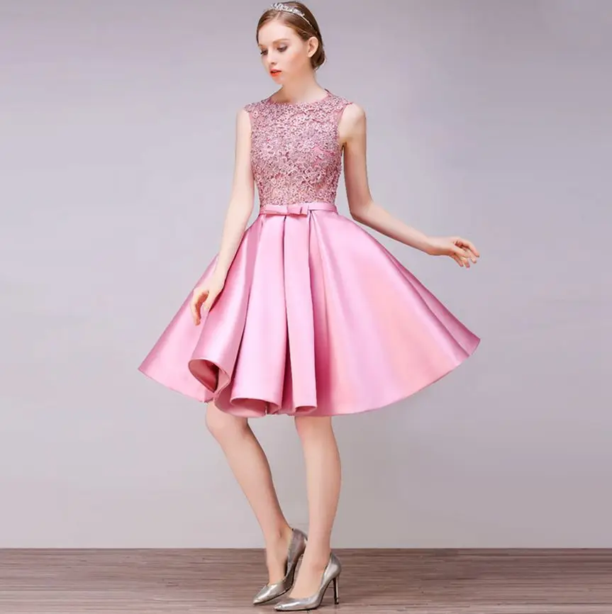 Розовый Vestido madrinha2019 новые кружевные и атласные трапециевидные розовые, красные, золотые короткие платья для невесты Дешевые Гость платье - Цвет: Розовый