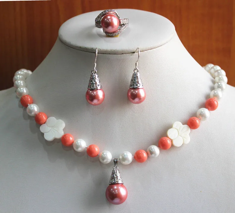 

Hot selling> birthday gift! jewelry set!Wholesale Women's 8mm pink & orange pearl Necklace earring ring(7/8/9) set #224 -Bride j