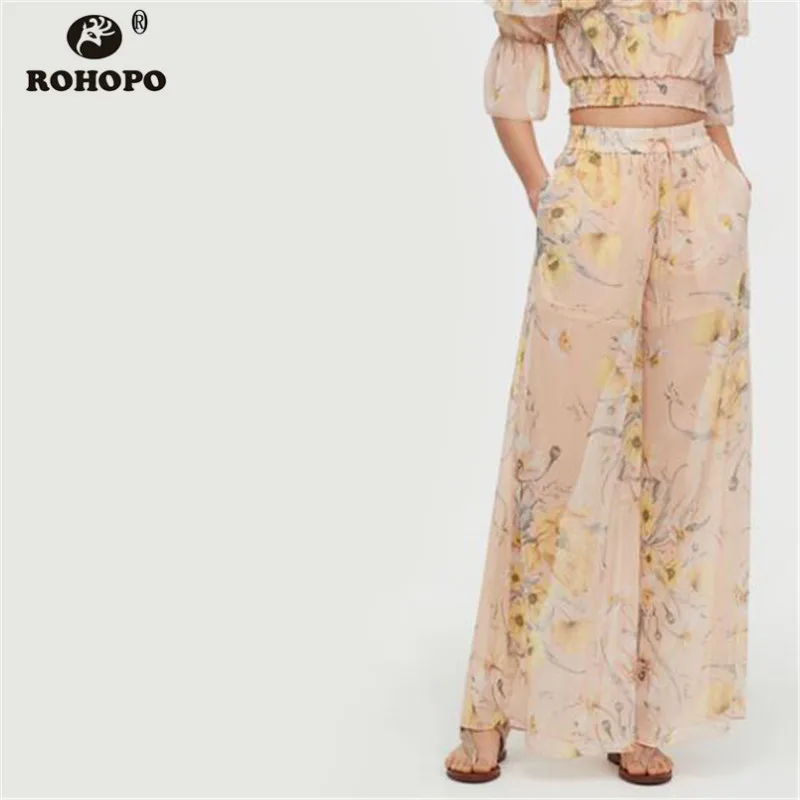 

ROHOPO Women Chiffon Printed Wide Leg Pant Autumn Vintage Pink Soft High Waist Floral Pants #LT2070