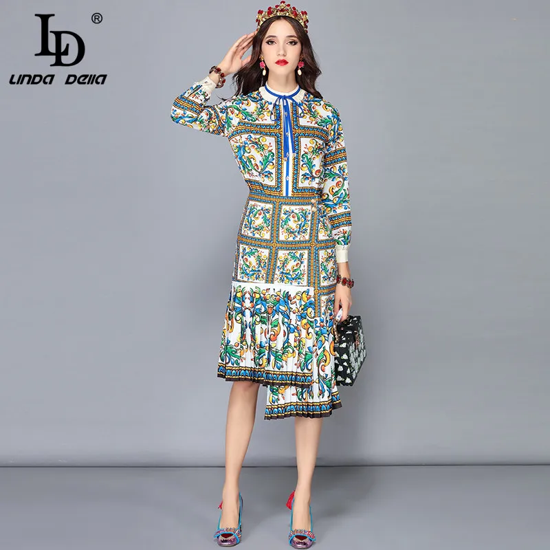 

LD LINDA DELLA New Fashion Runway Skirts Two Pieces Set Women's Long Sleeve Blouses + Floral Print Asymmetrical Skirt Sets Suits