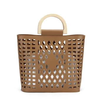 

Designer Hollow Out Bag Women Shoulder Bags Famous Brand PU leather Luxury Handbags Women Wooden handle Bags Designer 2019