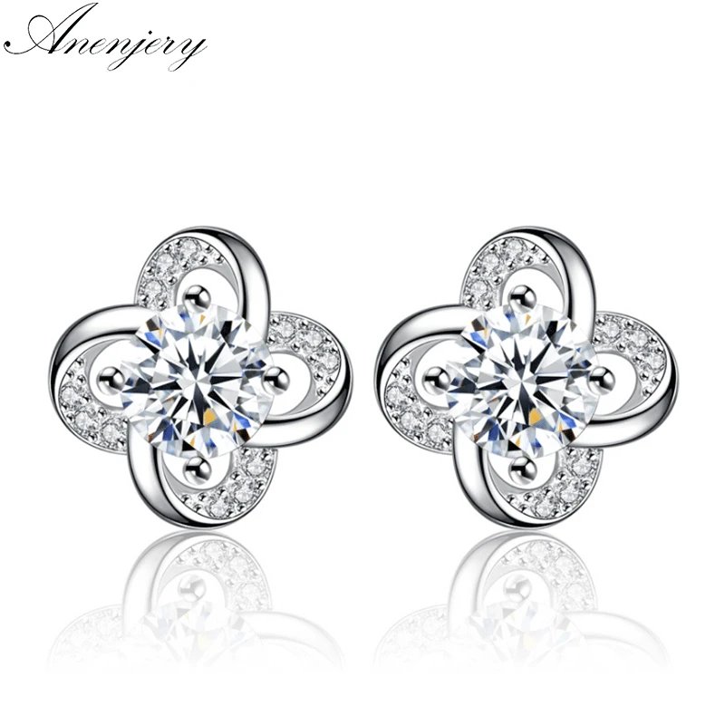 

Anenjery 925 Sterling Silver Jewelry Sparkling Zircon Clover Flower Twist Windmill Forever Stud Earrings For Women S-E207