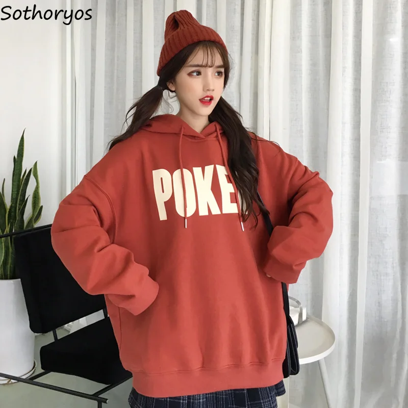 

Hoodies Women Hooded Letter Printed Thicker Plus Velvet Warm Trendy Pullovers Womens Korean Style Soft Students Cute Sweatshirts