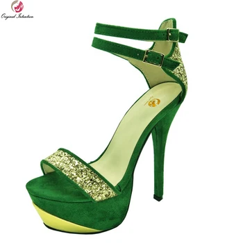 

Original Intention Sexy Women Sandals Glitter Platform Open Toe Thin Heel Sandals Shoes Blue Green Woman Plus US Size 4-10.5