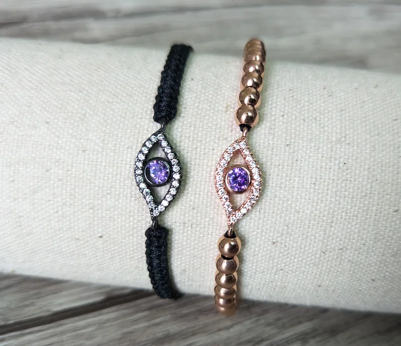 5Pcs Micro Pave CZ Purple Evil Eye Connector Charm Round Beads 