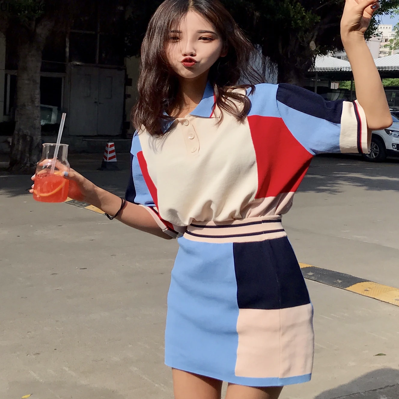 

Button Turndown Short Sleeve Patchwork Block Knit Top and High Waist Slim Elegant Mini Skirt Women Two Piece Knitwear Casual Tee
