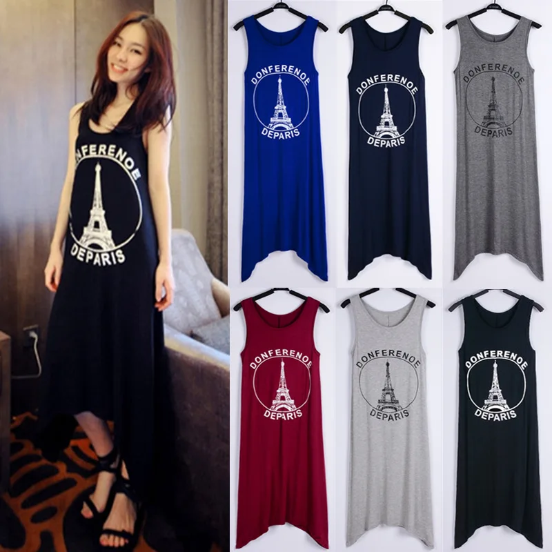 

DANJEANER Casual Sleeveless Cotton Long Dress Women Summer Fashion Tower Printed Irregular Dress 6 Colors Slim Beach Maxi Dress