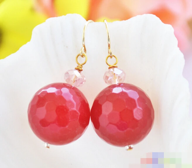 

free shippinbg 11822 round red jade bead faceted crystal dangle earring