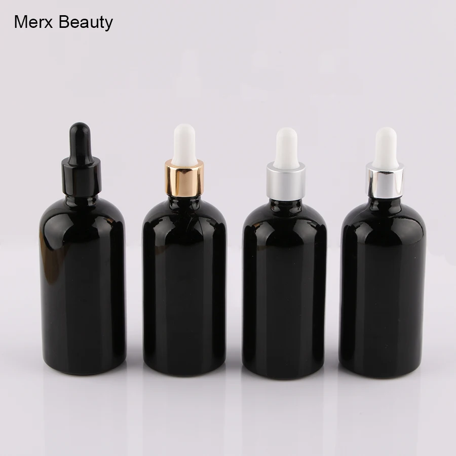 wholesales 8pcs 100ml 3.33floz shiny glossy black glass Dropper bottle