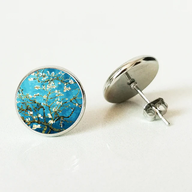 

Van Gogh Almond Stud Earrings Branch in Bloom Art Earring Bridal Jewelry Van Gogh's Painting Glass Cabochon Earring