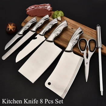 

Kitchen Knife 8Pcs Set Stainless steel includes Chopper, Chef, Bread, Utility, Paring,Sharpener and Scissors