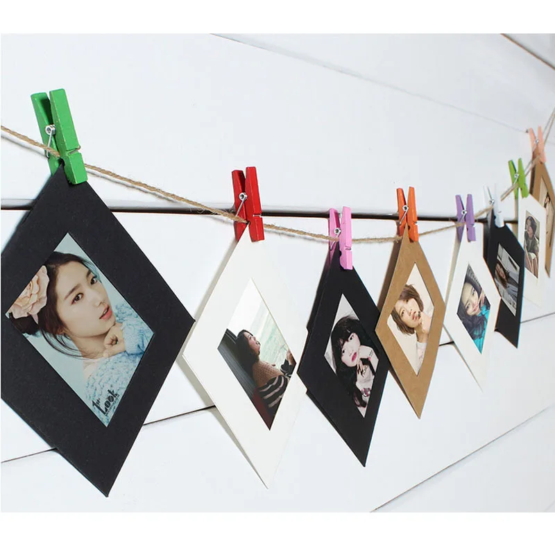 

10X Paper Photo Frame Picture Hanging Album Frame Gallery With Hemp Rope Clips Hang Album Stand Kraft Frame Clips