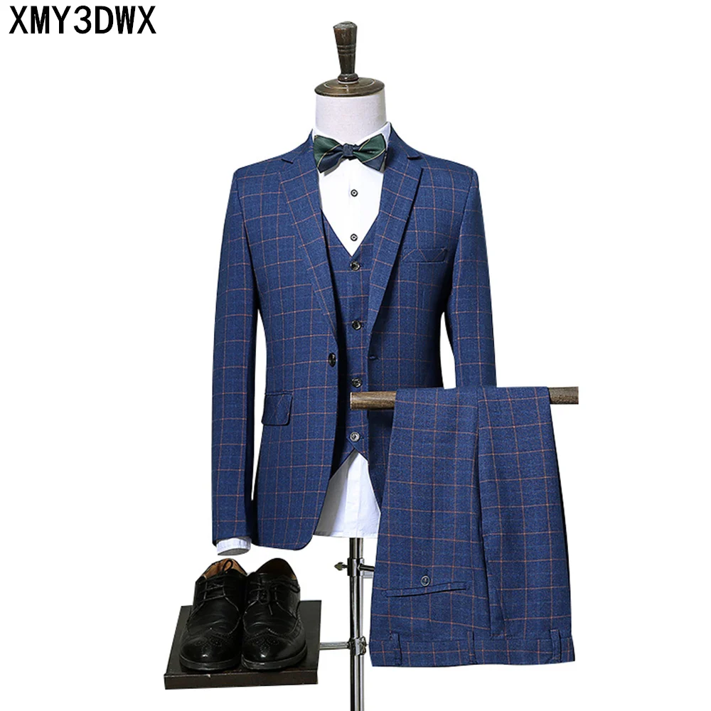 (jacket+vest+pants) male One Button suit Blazers lattice 3 pieces set